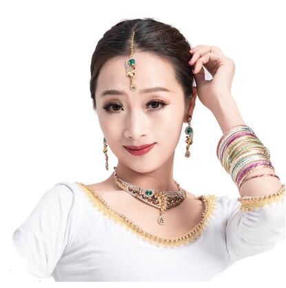 Accesorios de escenario de la India para niña, accesorio de baile para mujer, actuación de danza del vientre, tocados + pendientes + collar: B