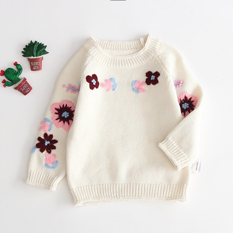 Baby meisjes geborduurde bloemen breien sweaterround kraag trui baby mooie bloemen jas kids