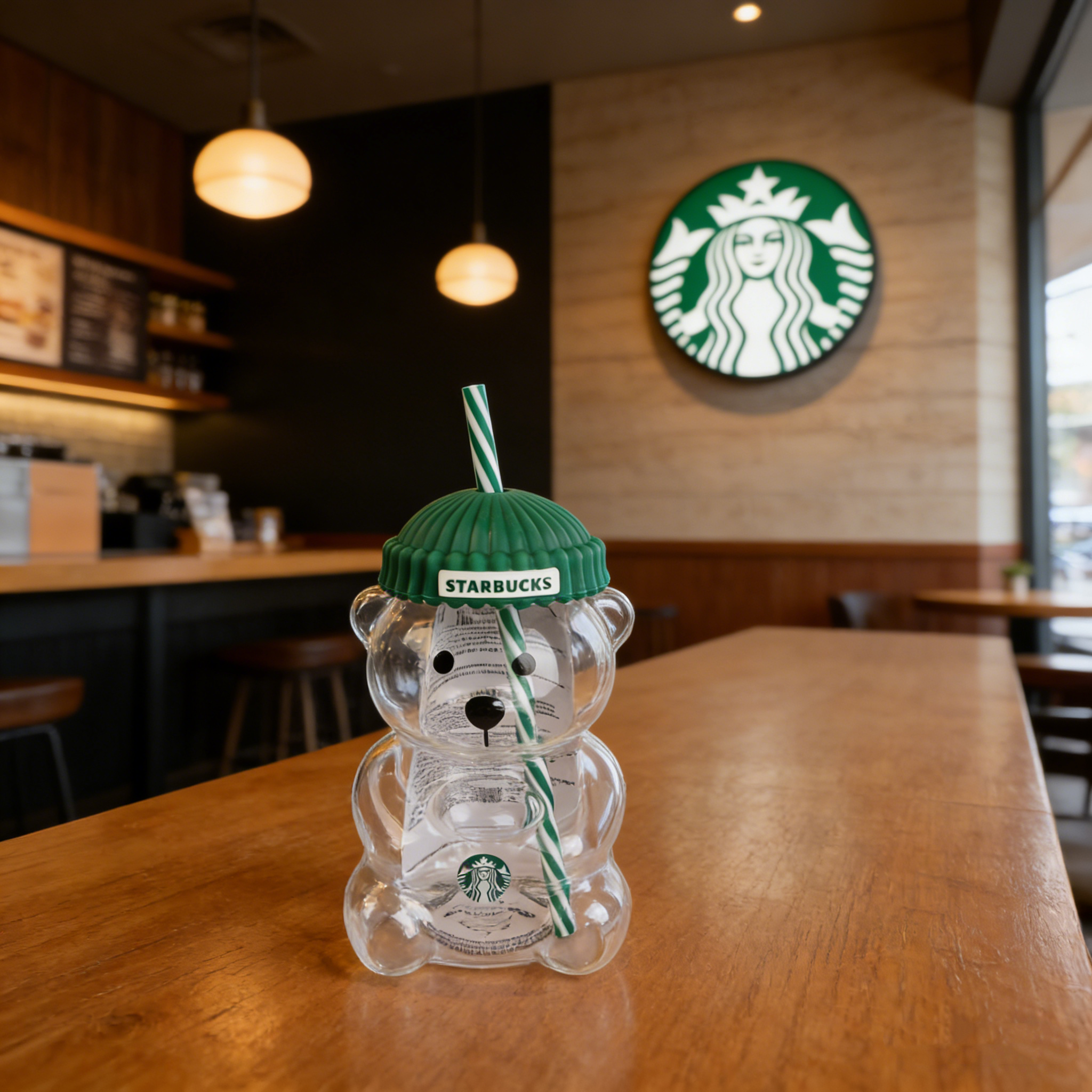 Starbucks Bearista Bären-Glasbecher 591ml Grüner Deckel Strohhalm Café Zuhause