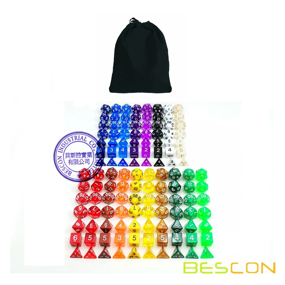Bescon Multi-gekleurde Rpg Dobbelstenen Pack Van 126 Polyhedrale Dobbelstenen 18 Complete Sets Van 7 Dobbelstenen 18 Verschillende Kleuren-Zwart Fluwelen Zakje