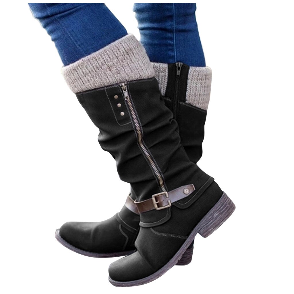 Bottes femmes hiver Patchwork bottes chaussures loisirs fermeture éclair couleurs mélangées talons plats femme grande taille haute moto bottes chaussures