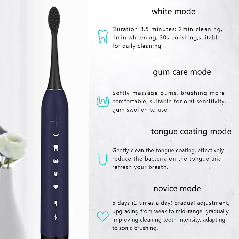 SmartSonic Waterproof Sonic Electric Toothbrush USB Rechargeable Tooth Brush Ultrasonic Toothbrush with 2 Brush Heads