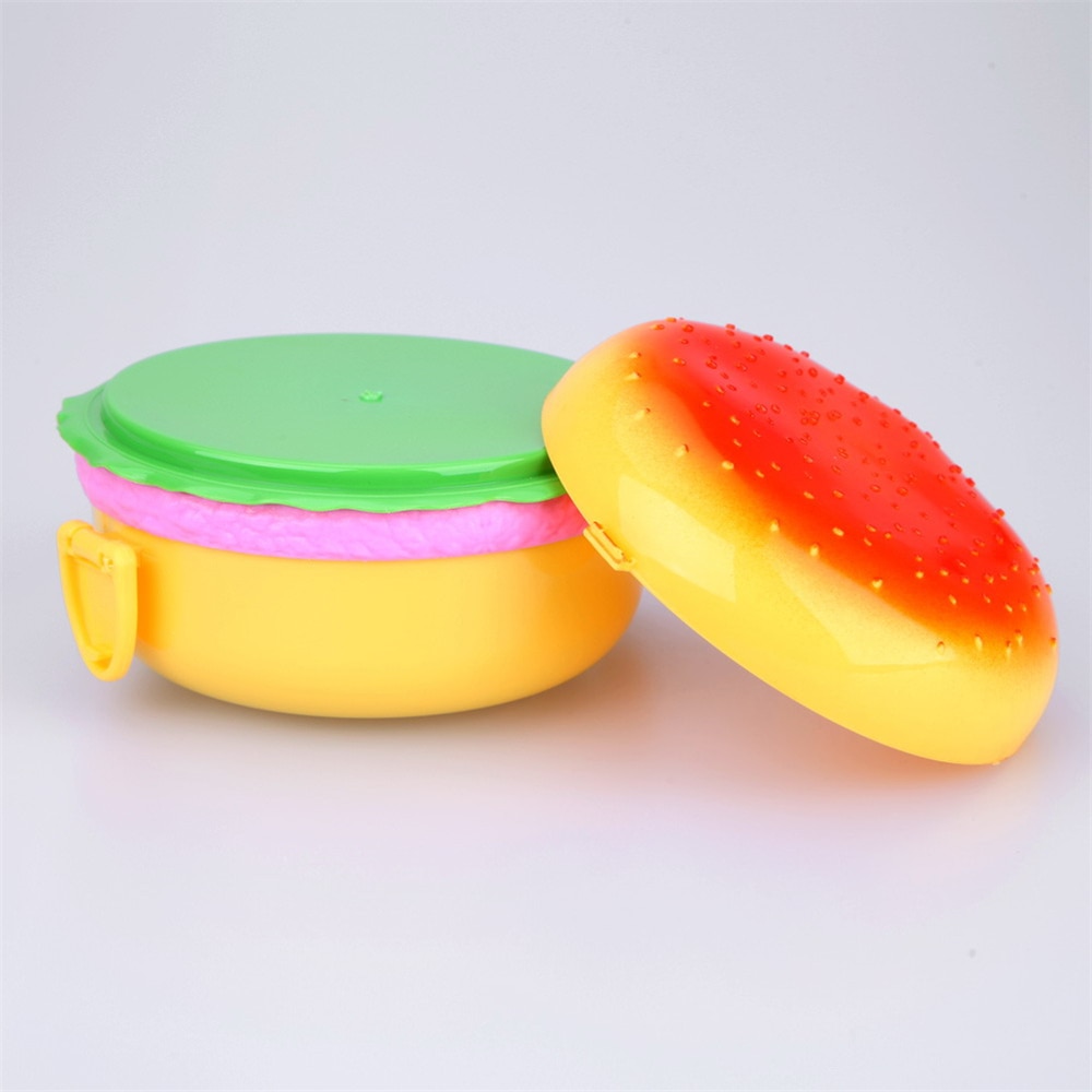Cute Hamburger Double Tier Lunch Box Burger Box Bento Lunchbox Children School Food Container Tableware Set with Fork Kids