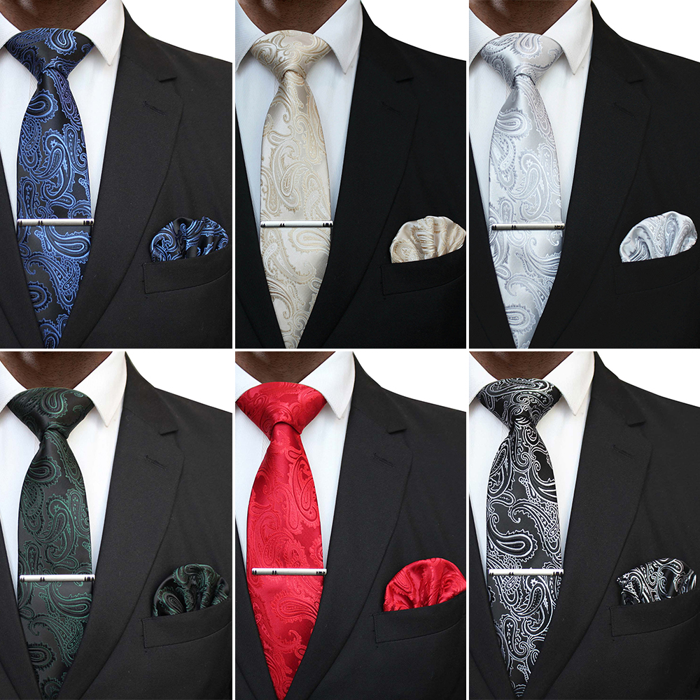 KAMBERFT męskie klasyczne Paisley krawat i kieszeń kwadratowy zestaw czerwony zielony jedwabny krawat żakardowy z krawat klip zestawy wesele krawat