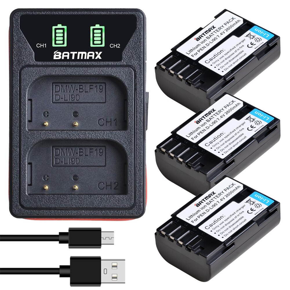 Batmax D-LI90 DLI90 D Li90 batería + LED Dual cargador con el tipo C PortFor PENTAX K-7 K-7D K-5 K-5 II 645D K01 K-3 K-3 II 645Z L15: 3B with charger