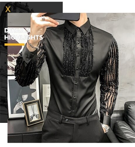 Blonder hule skjorter for menn lange ermer slim fit streetwear sosial fest bluse nattklubb sanger dj klær camisas para hombre: Svart / Asiatisk størrelse m