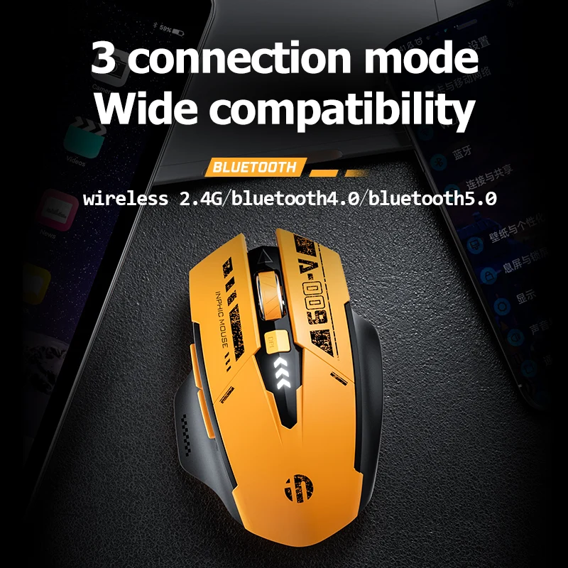 INPHIC A9 draadloze Bluetooth stille muis, DPI-instelbaar op vijf niveaus, muis met drie modi, geschikt voor een verscheidenheid aan computers