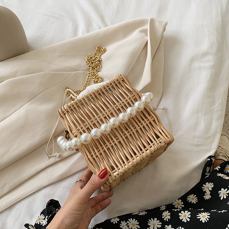 rotin carré femmes sacs à bandoulière perles poignée sacs à main en osier tissé été plage paille sac dame chaînes bandoulière sac à main: Default Title