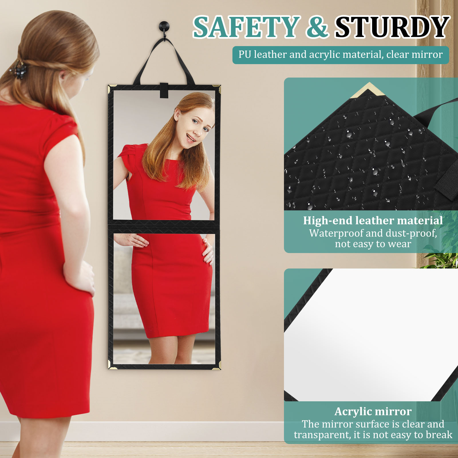 Foldable Full Length Mirror Leather Protection Aluminum Alloy Frame Shatterproof Hanging Mirror for Wardrobe Tent and RV