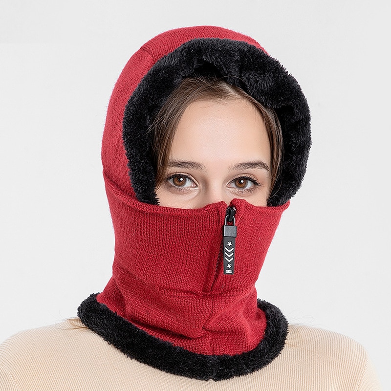 Winter Girl Knitted Hat Fleece Hood Thermal Face Cover with Zip Hat Vogue Neck Warmer Ski Riding Snow Cap Beanie Outdoor