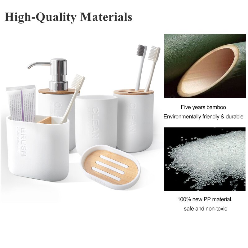 Lot de 5 brosses de toilette en bambou, ensemble de salle de bains, porte-brosse à dents, tasse porte-savon, conteneur distributeur d'émulsion, accessoires de salle de bains
