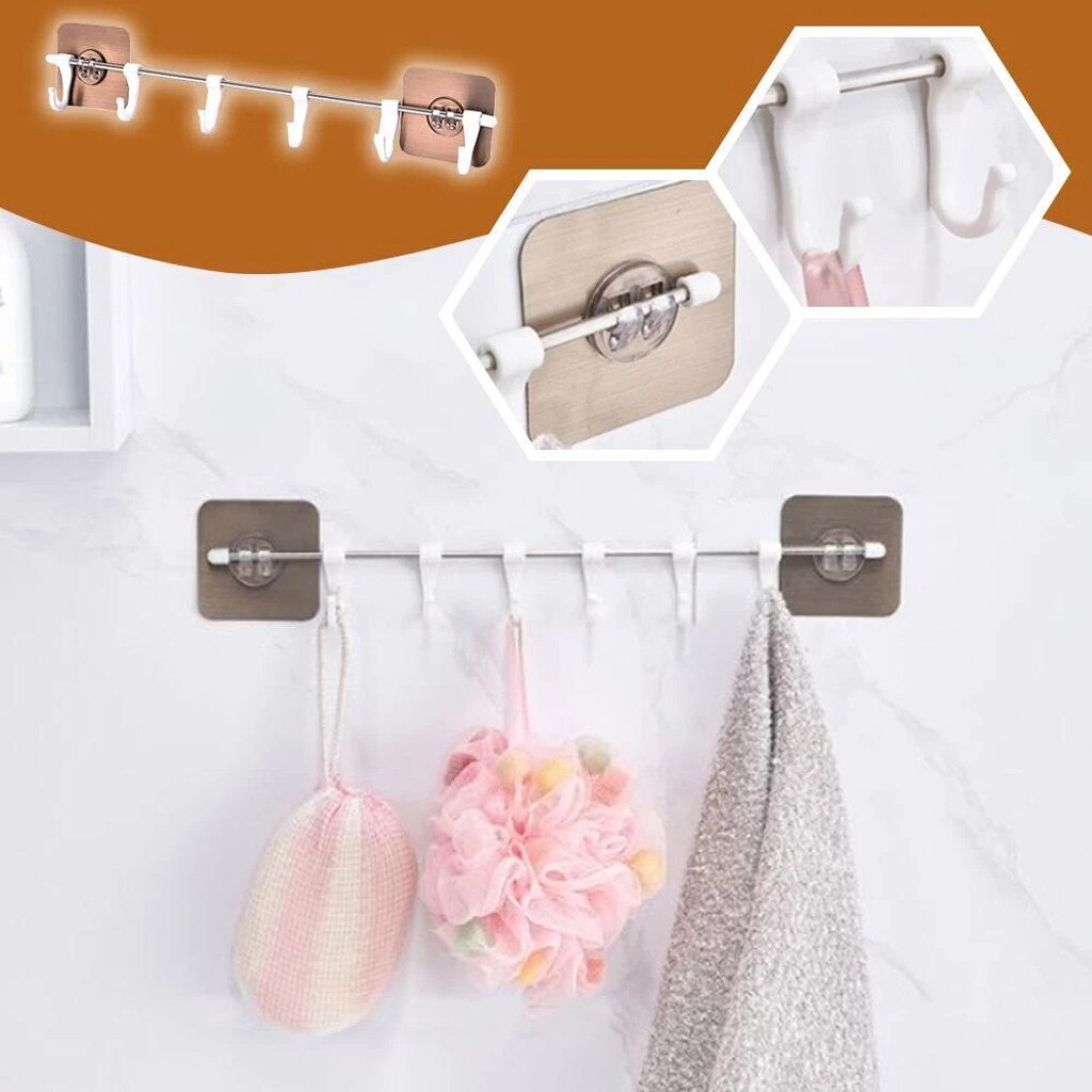 6 Hooks Self-adhesive Rack Bathroom Wall Mounted Rack Kitchen Hanging Rack Organizer Long Hanging Hooks Holder #BL3