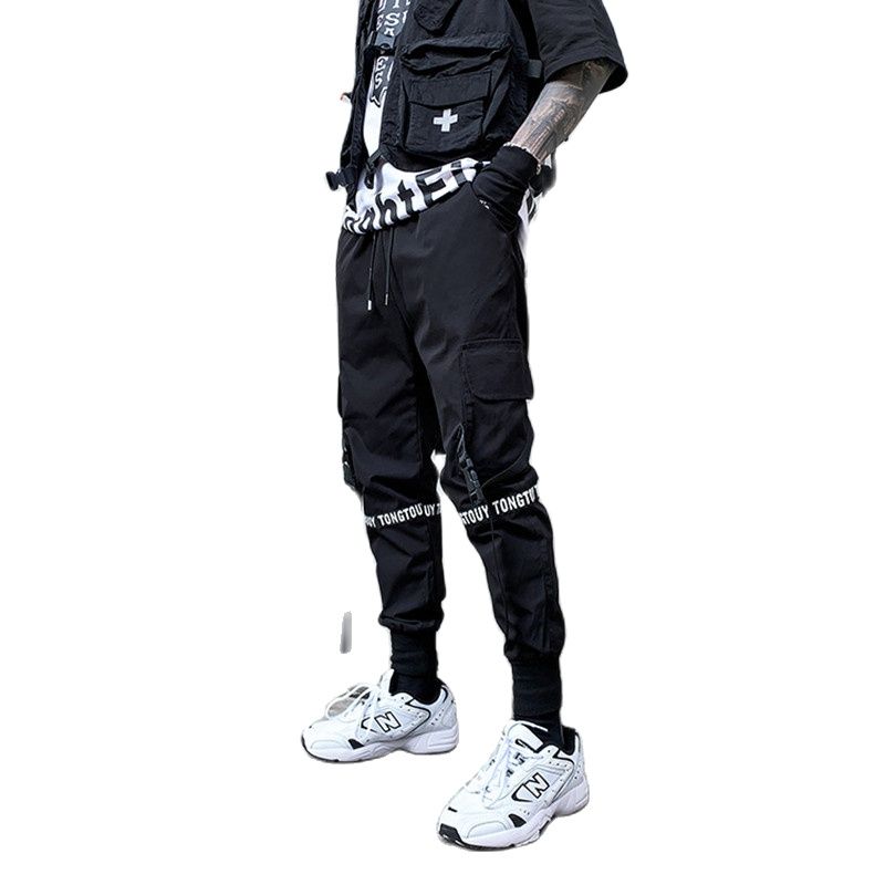 Pantalones Cargo con cintas para Hombre, ropa urbana informal, estilo Harajuku, Hip Hop, gótico, color negro
