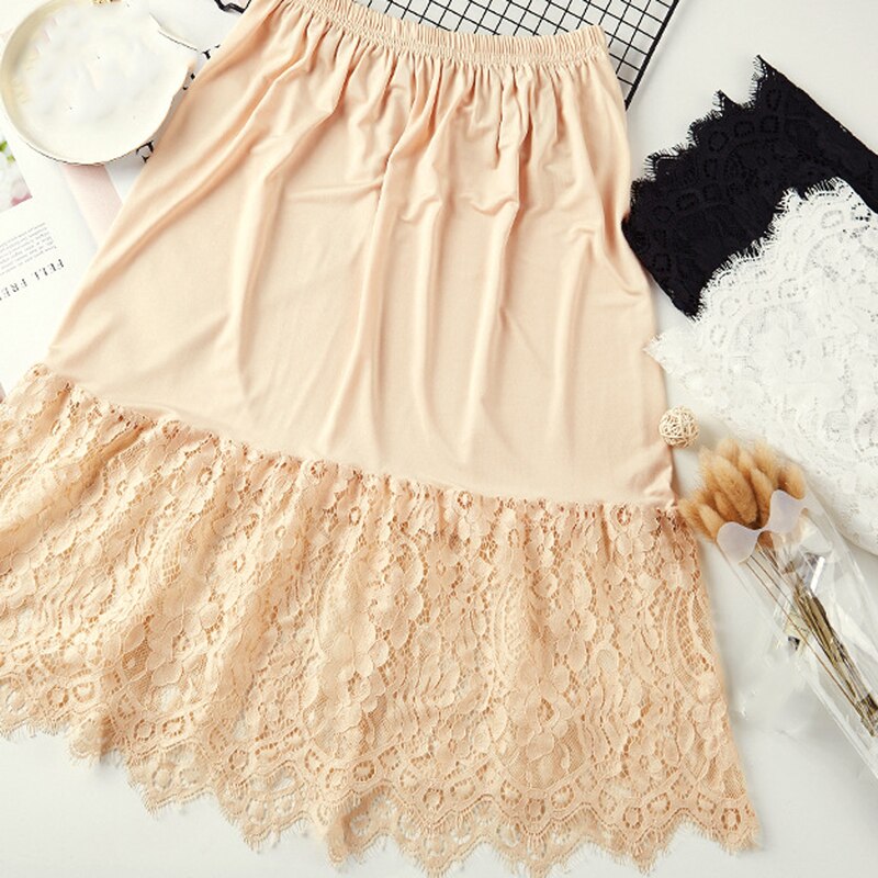 Women Skirt Extender Knee Lace Slip Hollow Length A-Line Half Extenders: Apricot