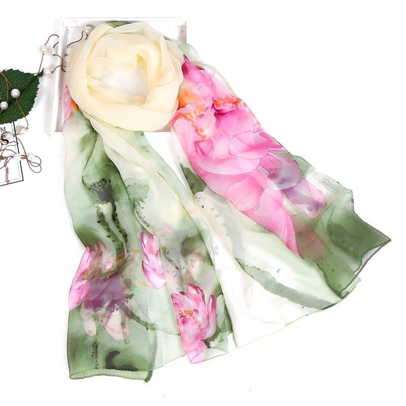 Dames foulard chiffon georgette bandana sjaal inkt lotusbloem print lange sjaal zomer wikkel dame dun ademend: Groente