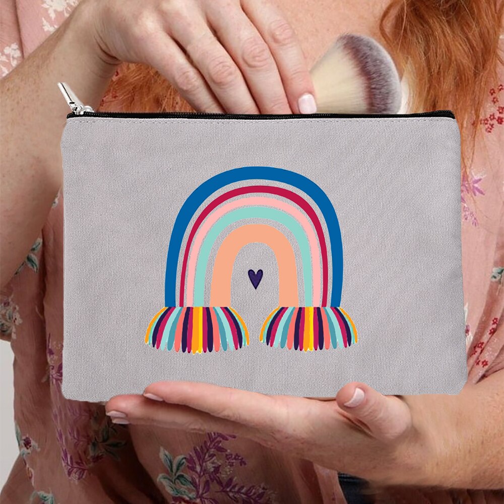Rainbow kobiety płótno szare kosmetyczki torby moda Zipper torebeczka na kosmetyki podróż torebka na imprezę Organizer biżuterii kobiece prezenty: W09136-TBGY-D