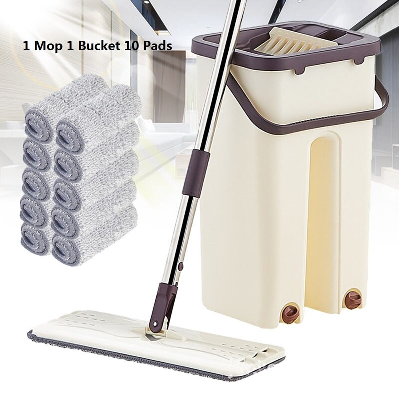 Flat Squeeze Mop Bucket Hand-Free Wringing Floor Stainless Steel Mop Wet And Dry Self Cleaning Magic Automatic Spin Lazy Mop: F 1 Mop 10 Pads
