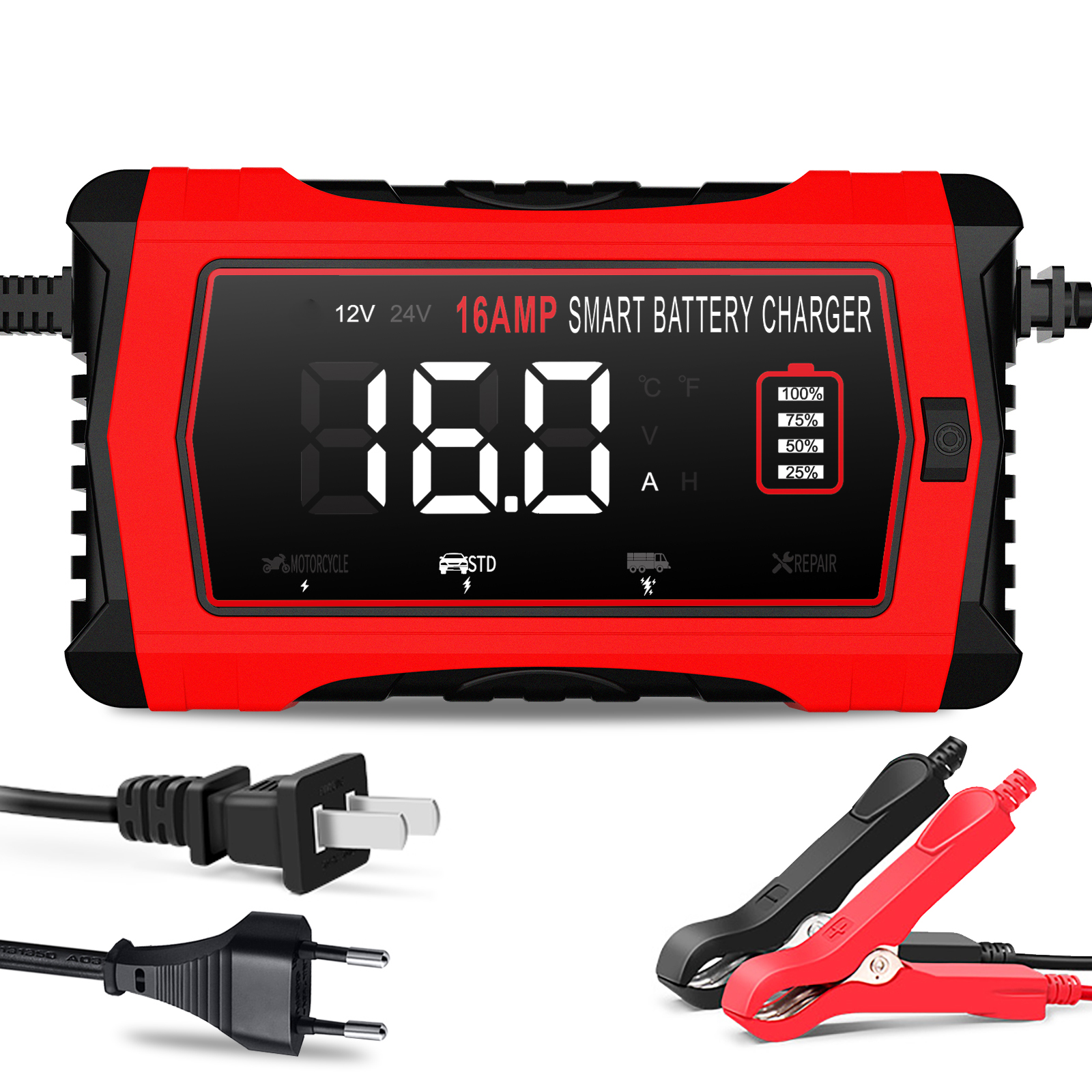 Caricabatteria per auto di riparazione universale 12V 16A 24V/10A Caricatore per moto di riparazione intelligente per batteria al piombo AGM gel LiFePO4