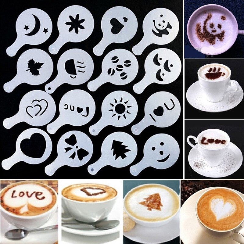 16Pcs Koffie Afdrukken Model Cappuccino Stencils Template Chocolade Shaker Cacao Meel Spray Strooi Bloem Pad Koffie Gereedschap