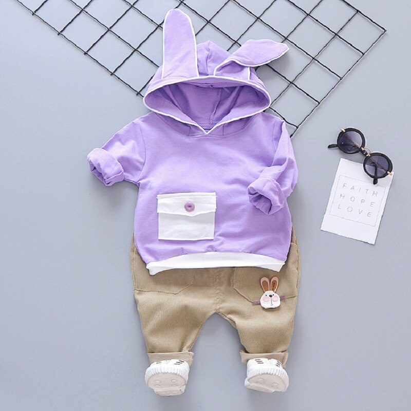 Katoenen Baby Kleding Pak Kinderen Pak Baby Jongen Meisje 2 Stuks Oor Konijn Kinderen Hooded Lange Mouwen Cartoon Pak baby Pak: purple / 12m