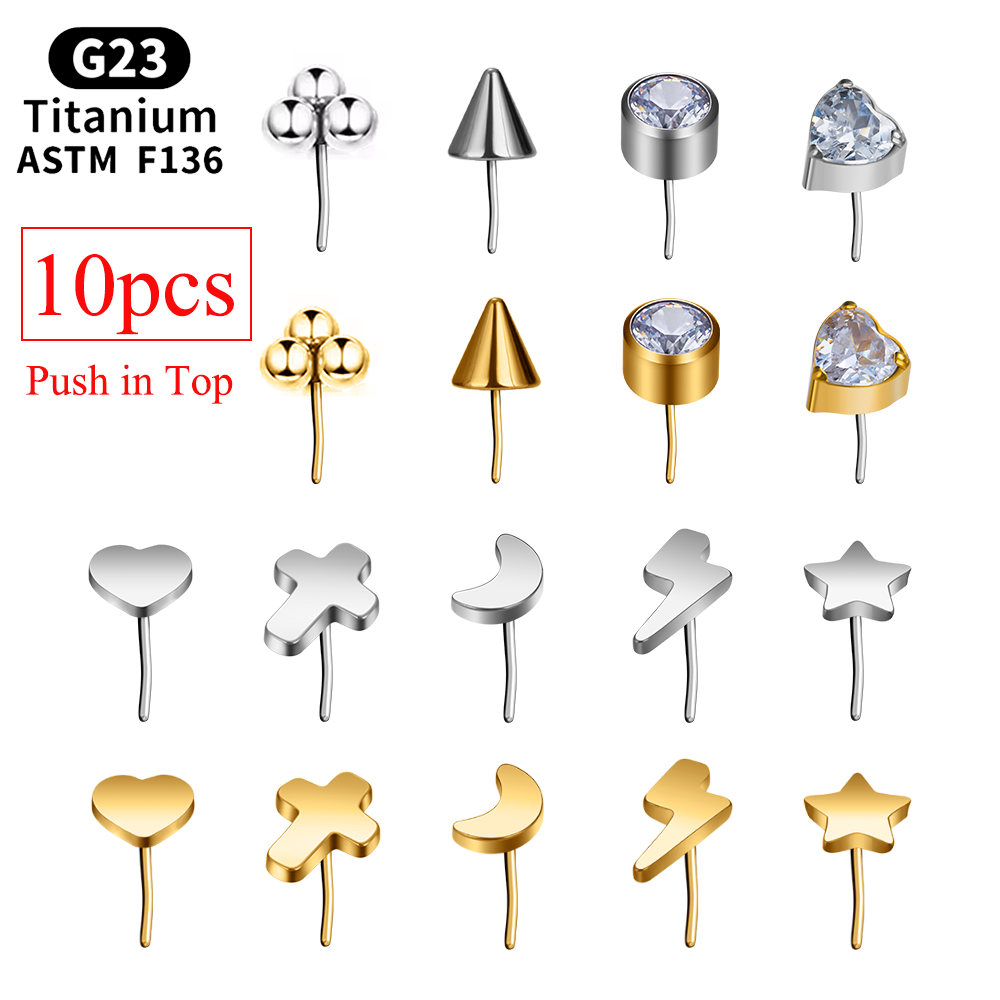 Piercing de titanio G23 sin rosca, estrella, Luna, corazón, Cruz, relámpago, Pin de empuje, Labret, tachuelas superiores, accesorios de joyería, , 10 piezas