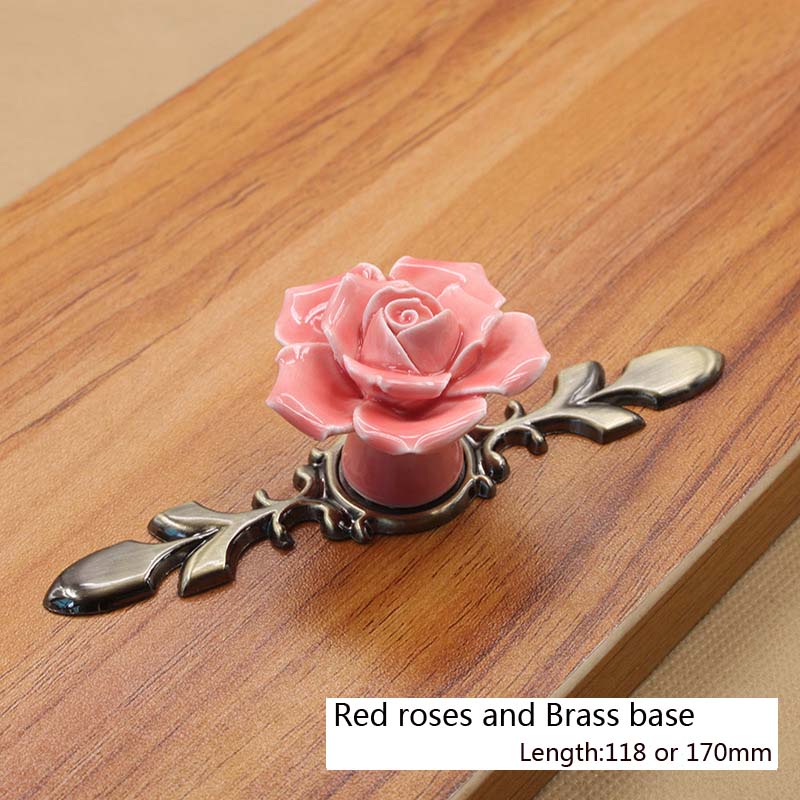 6,7 "Keramik Blume Rose Schublade Knöpfe Zink-legierung Ländlichen Schrank Schrank griffe 40mm durchmesser Möbel Griffe Hardware-: rot und messing-