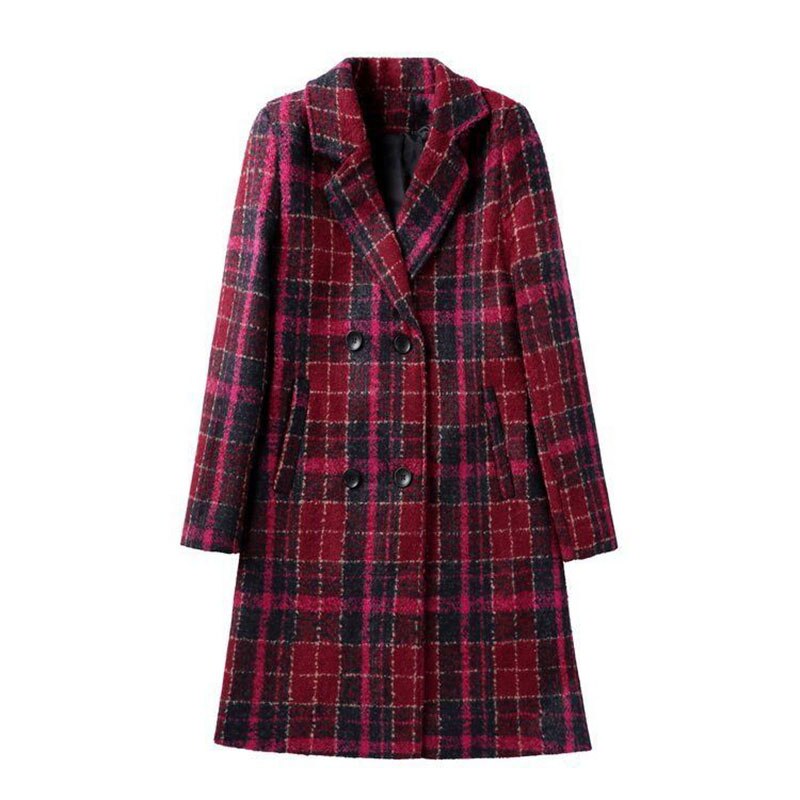 Vrouwen Wollen Jas Mid-Lengte Dubbele-Breasted Slim Plaid Jas Herfst Blended Tweed Wollen Doek bovenkleding Vrouwelijke