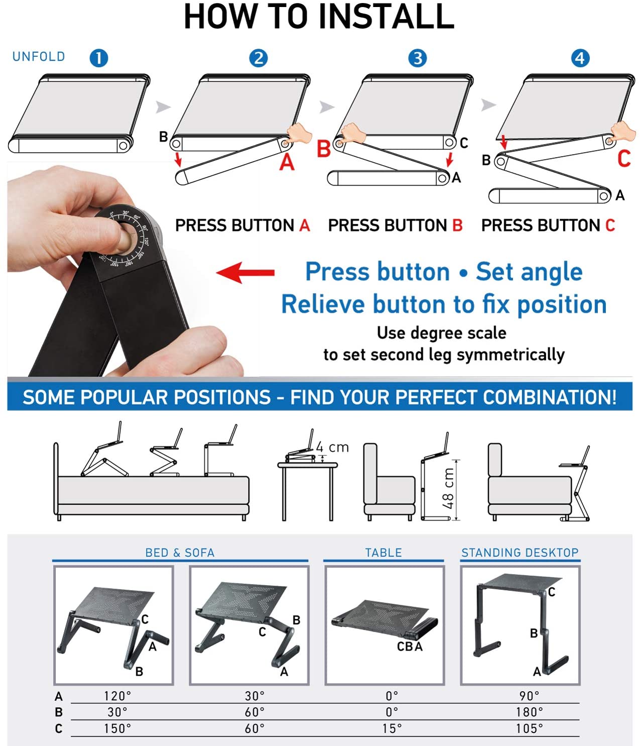 Adjustable Laptop Table - Foldable Lap Desk for Sofa Bed - Aluminum Portable Bed Tray