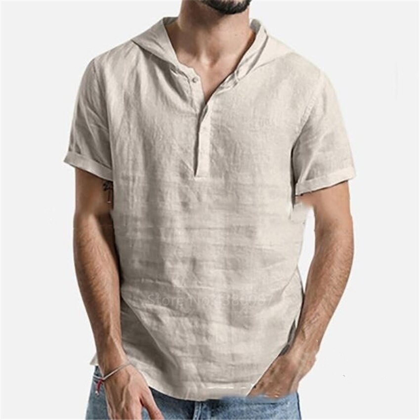 Retro mand middelalderlig hættetrøje casual viking pirat cosplay tøj kortærmet linned renæssance herre nordisk plus size tunika: Beige / M