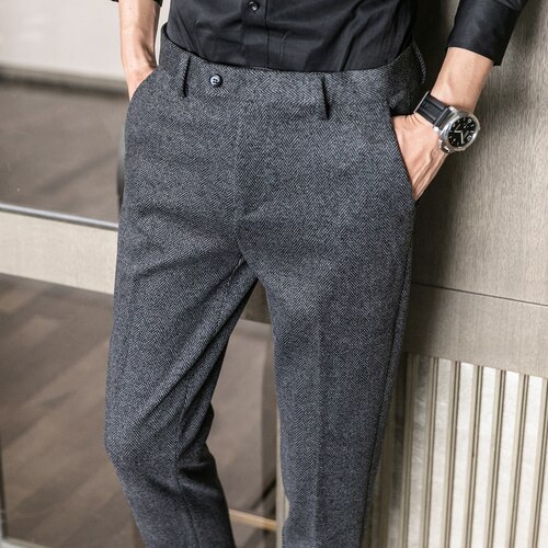 Vinter herre ullbukser grå casual slipte bukser størrelse 28-36 slim dressbukse for menn: Svart / 36