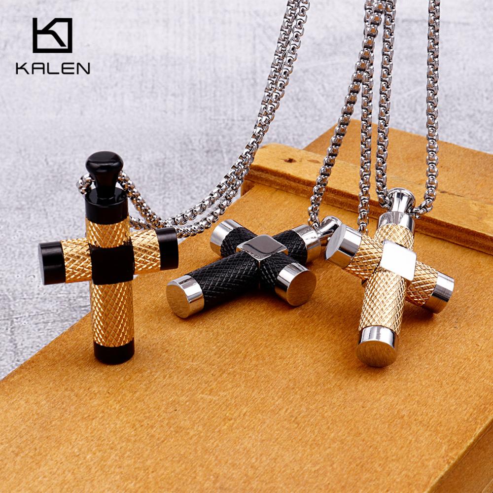 KALEN Stainless Steel Big Cross Pendant Necklace 3 Color Crucifix 65CM Long Chain Necklace Prayer Jewelry Accessories