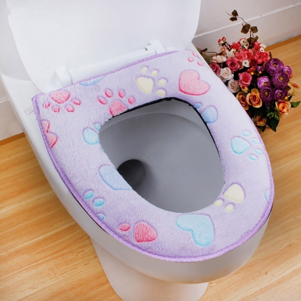 Bathroom Warmer Toilet Seat Cloth Soft Closestool Washable Lid Top Cover Pad small printed protector wc desechable: Purple