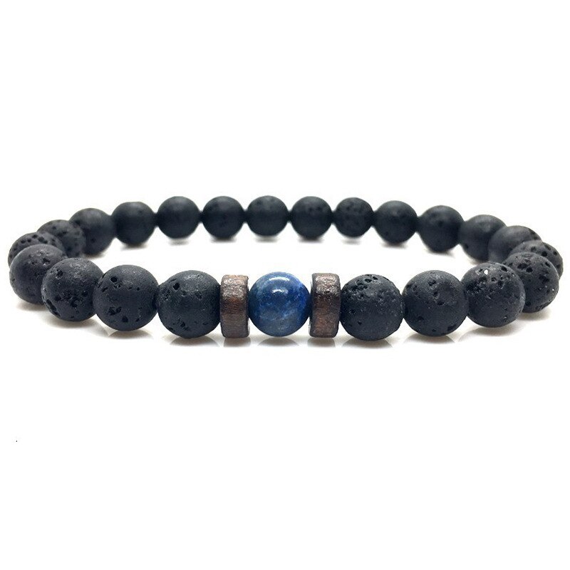 Pulsera de piedra volcánica para hombre, brazalete con cuentas negras, cuerda elástica, , joyería: D
