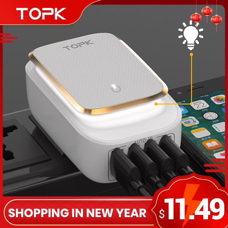 TOPK 4-Port 4.4A(Max) 22W EU USB Charger Adapter LED Lamp Auto-ID Portable Phone Travel Wall Charger for iPhone Samsung