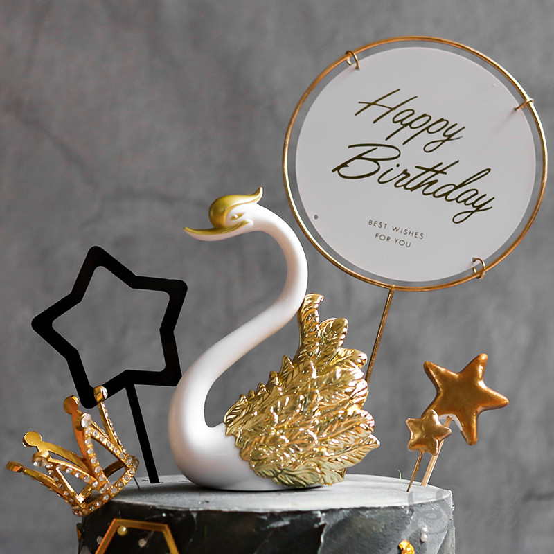 Crown Swan Gold Feather Cake Topper Hollow Star Birthday Party Decoration for Baby Shower Baking Supplies Anniversary Sweet