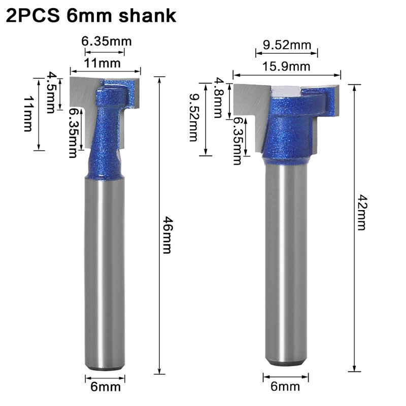 1-2pc 6mm/6.35mm- skaft t-spor slids & t-slot nøglehulsfræser fræser til fræsning af træ: 2 stk. 6mm skaft