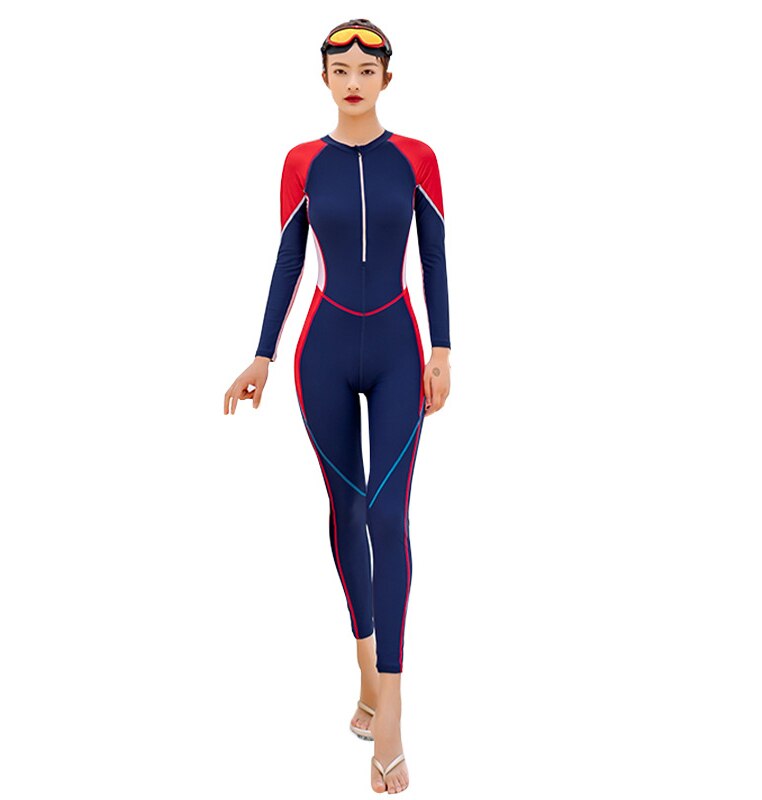 Rits Rashguard Lange Mouwen Badpak Voor Vrouwen Surf Badmode Een Stuk Full Body Islamitische Zwempak Monokini: Navy with red / L