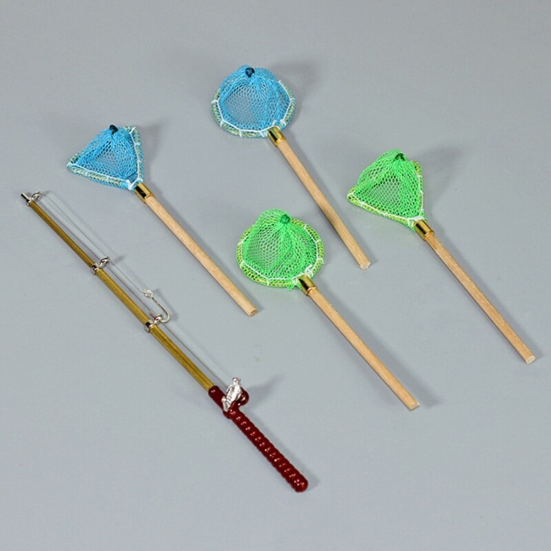 3Pcs Mini Fishing Set Fishing Net & Fishing Rod Decor Miniature Fishing Rod 40JC