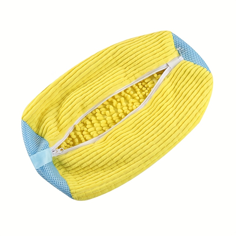 1pc Durable Shoe Washing Machine Bag for All Shoe Types - Yellow with Blue Zipper, Oval Protective Laundry Bag with Rich Fluff I: light yellow