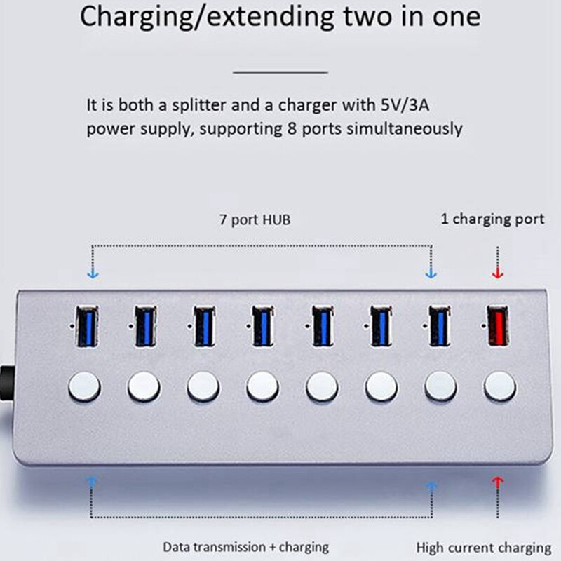 8-Port Docking Station Hub Hub USB3.0 Splitter With Independent Switch Extender With Charging Port For Computer,US Plug