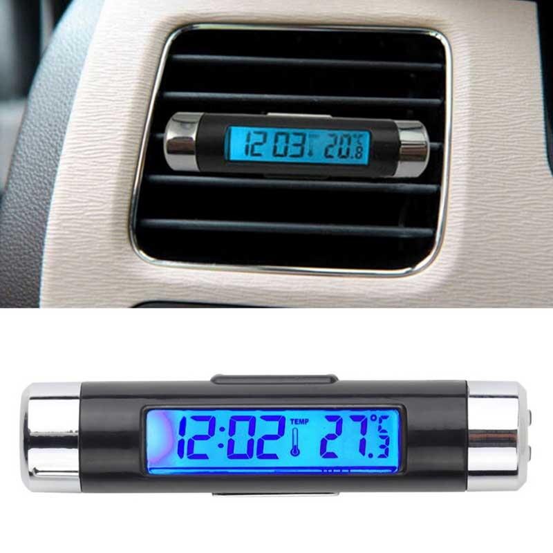Car Thermometer Digital Backlight Clock LCD Clip-on 2 in 1 Car Air Vent Electronic Watch Auto Clock Car Interior Decoration