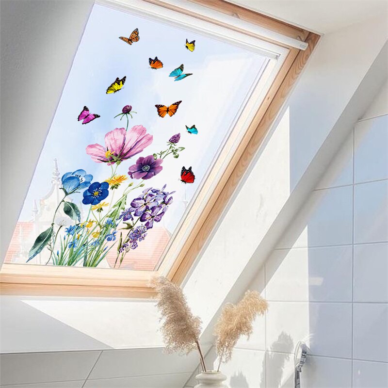 Calcomanías de vinilo anticolisión para ventana, calcomanías florales de pájaros, pegatinas de vidrio de mariposa, decoración del hogar, sala de estar, sin pegamento