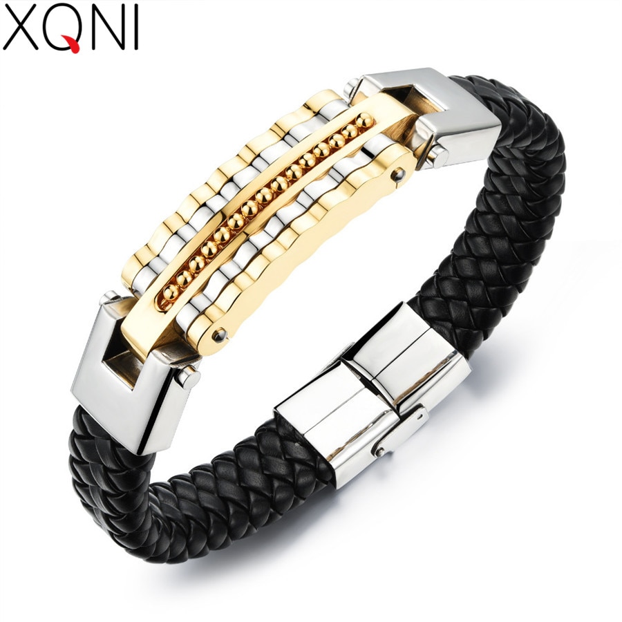 Xqni svart skinn armbånd herre sjarm armbånd rustfritt stål menn smykker rock chunky skinn herre armbånd