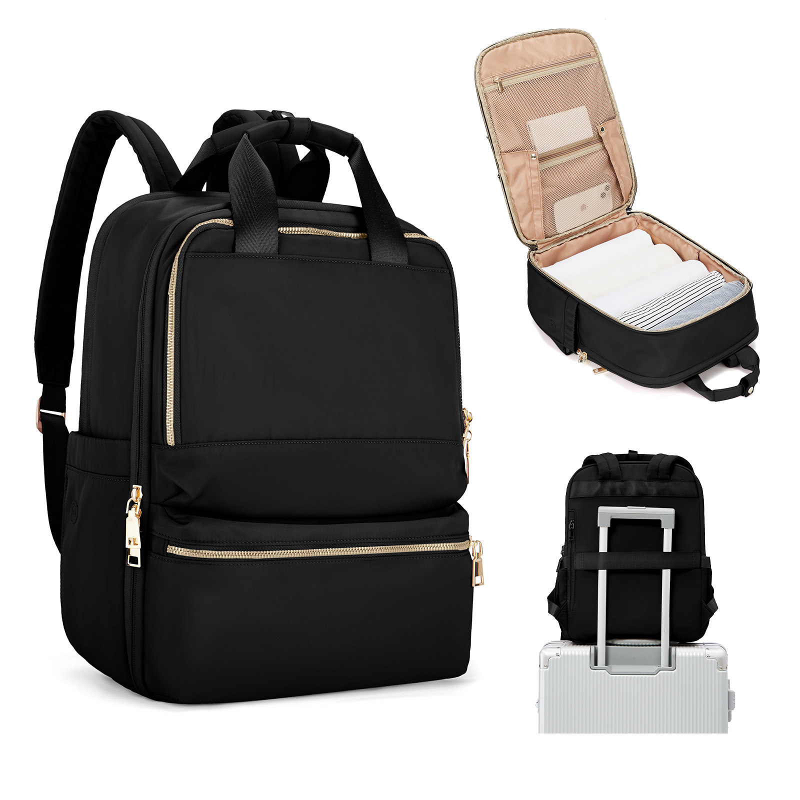 Mochila para mujer, mochilas para ordenador portátil universitario de gran capacidad de de lujo, bolsos elegantes de trabajo, mochila de viaje para cabina de vuelo para hombre: Negro
