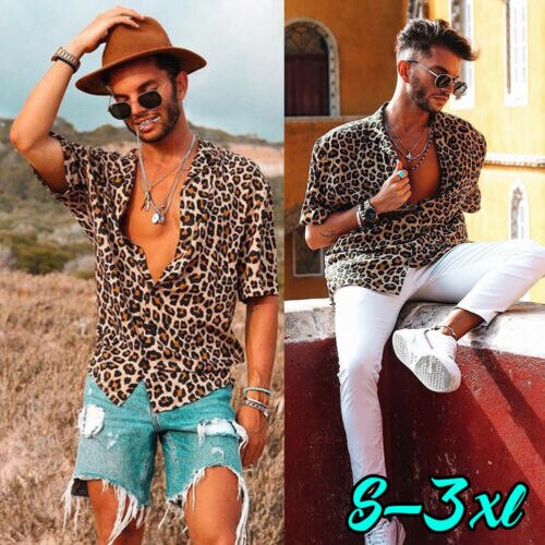 Men's Leopard Buttoned Shirt Summer Short Sleeve Plus size Casual Shirts