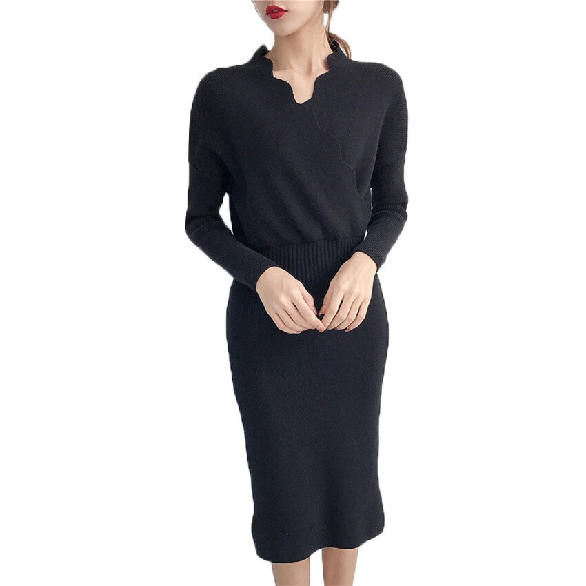 Autumn Winter Slim Knitted Sweater Long Dresses Sexy Sheath Bodycon Pencil Dress Mid-Calf Ruffles Slash Neck V-Neck Dress Mw017