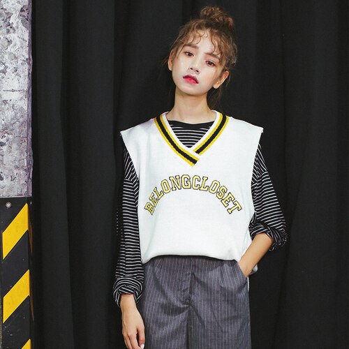 Efterårs koreansk stil preppy bogstaver broderi stribet v-hals strik sweater vest strik ærmeløs pullover vest  t130: Hvid