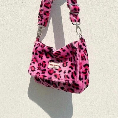 INS Thailand Non-Mainstream Autumn and Winter Cute Color Plush Leopard Pink Color Bags: Pink leopard-logo