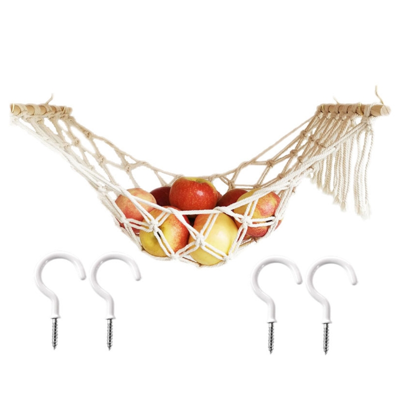 Hamaca de macramé para frutas y verduras, soporte de red con ganchos, cesta colgante para cocina, patatas, cebolla, 3XUF: 3