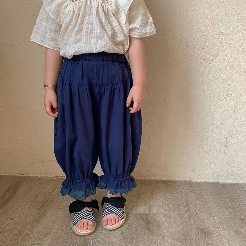 Meisjes Korte Mouw Zomer Zoete Leuke Kant Kleine V-hals Kinderen Casual Effen Kleur Katoenen Baby Shirt Meisjes Shirts: Blauw / 4T